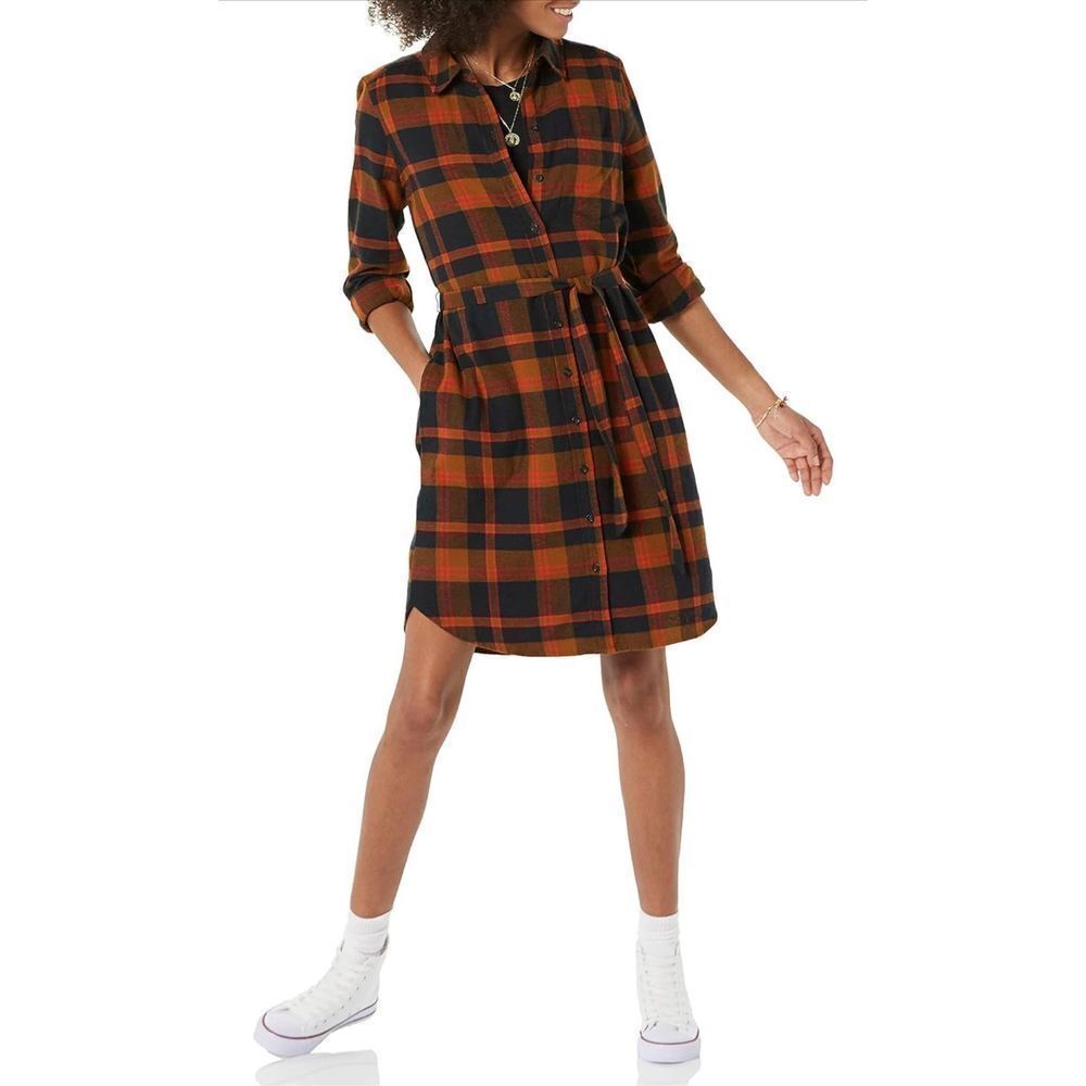 Goodthreads Women's Brushed Flannel Relaxed-Fit Belted Shirt Dress M